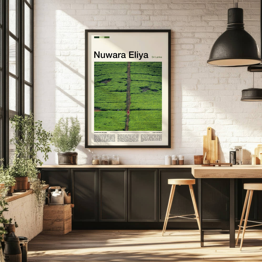 Nuwara Eliya Aerial Tea Plantation Travel Print framed on the wall of a bright kitchen and dining space