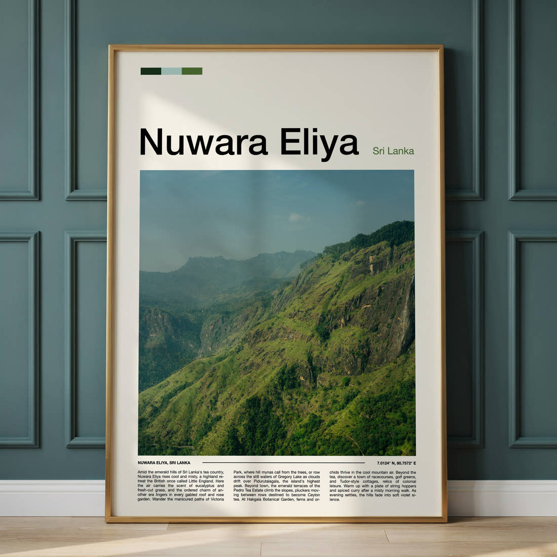 Nuwara Eliya Emerald Highland Ridge Travel Print framed on the wall of a calm, neutral bedroom