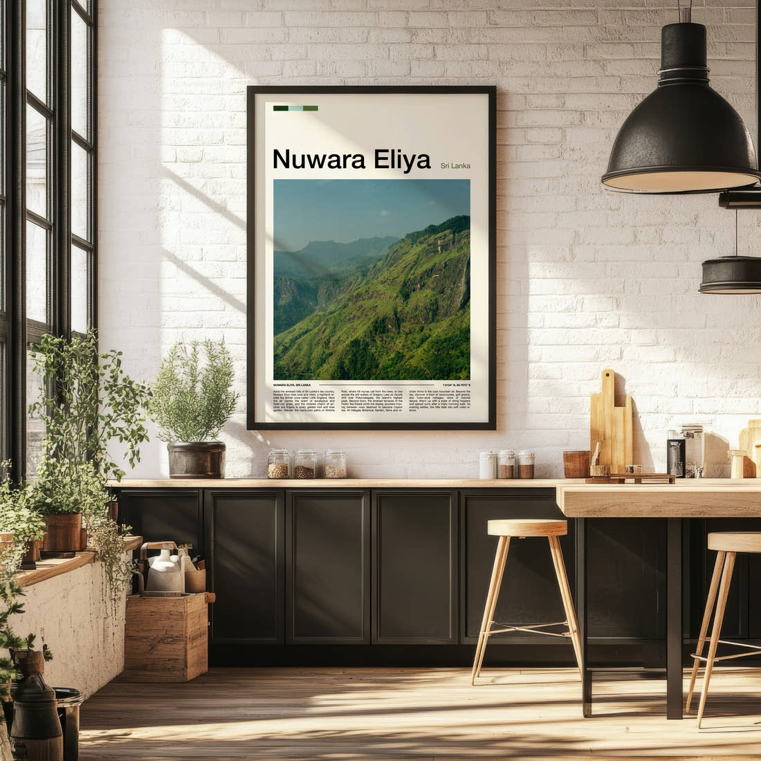 Nuwara Eliya Emerald Highland Ridge Travel Print framed on the wall of a bright kitchen and dining space