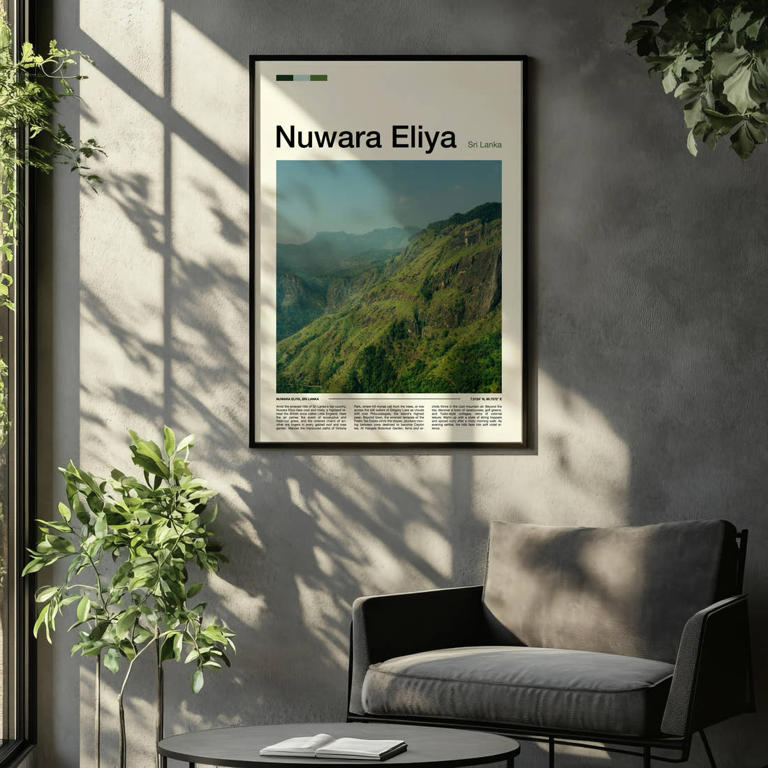 Nuwara Eliya Emerald Highland Ridge Travel Print framed on the wall of a relaxed living room