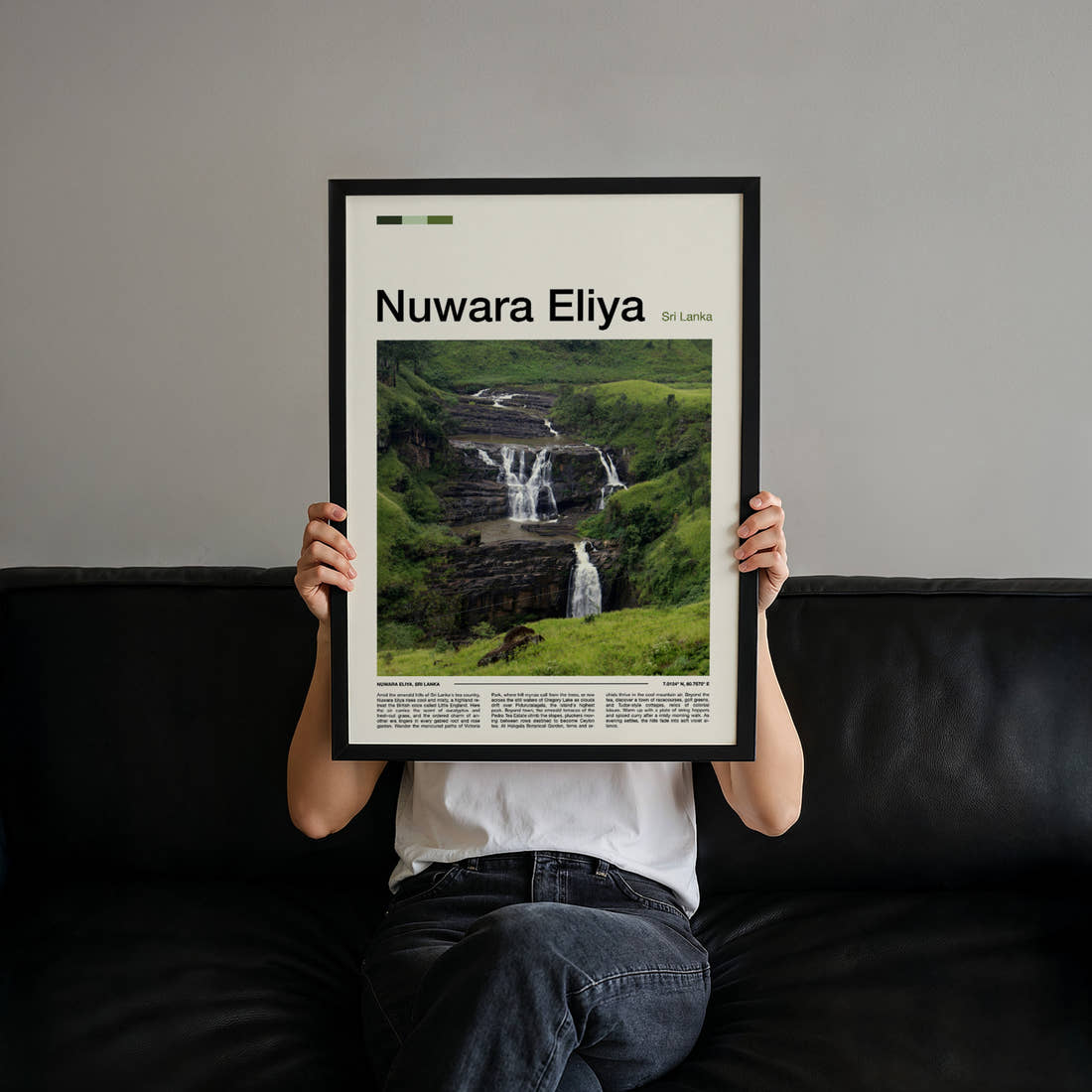 Nuwara Eliya Cascading Rock Waterfall Travel Print held up by hand to show the size of the print