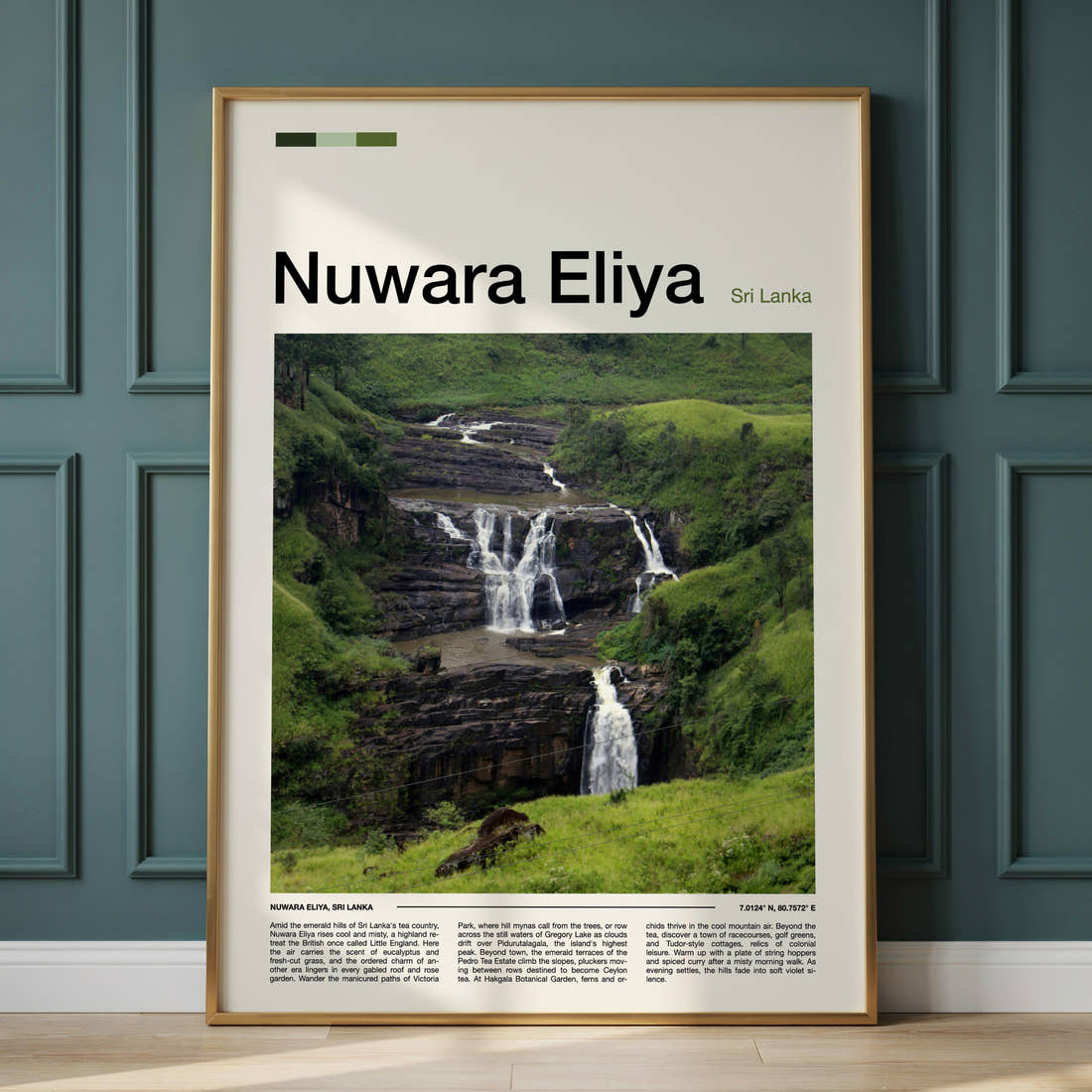 Nuwara Eliya Cascading Rock Waterfall Travel Print framed on the wall of a calm, neutral bedroom