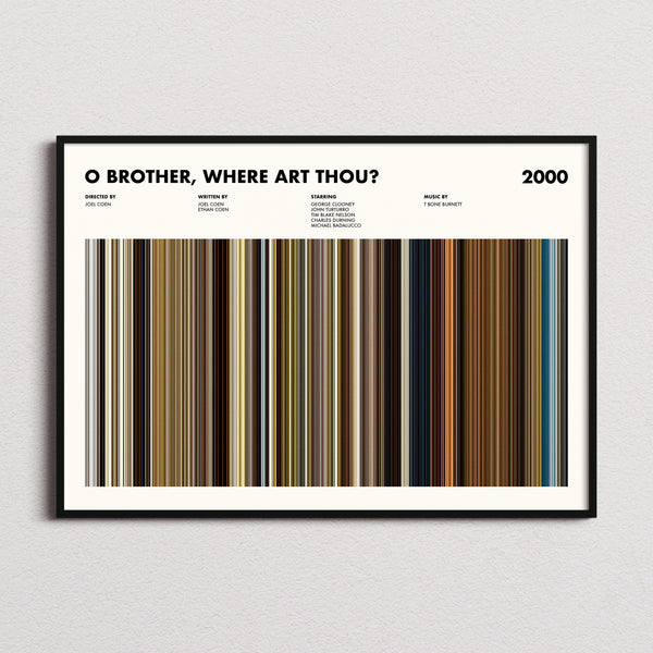 O' Brother Where Art Thou Movie Barcode Poster framed and photographed straight on