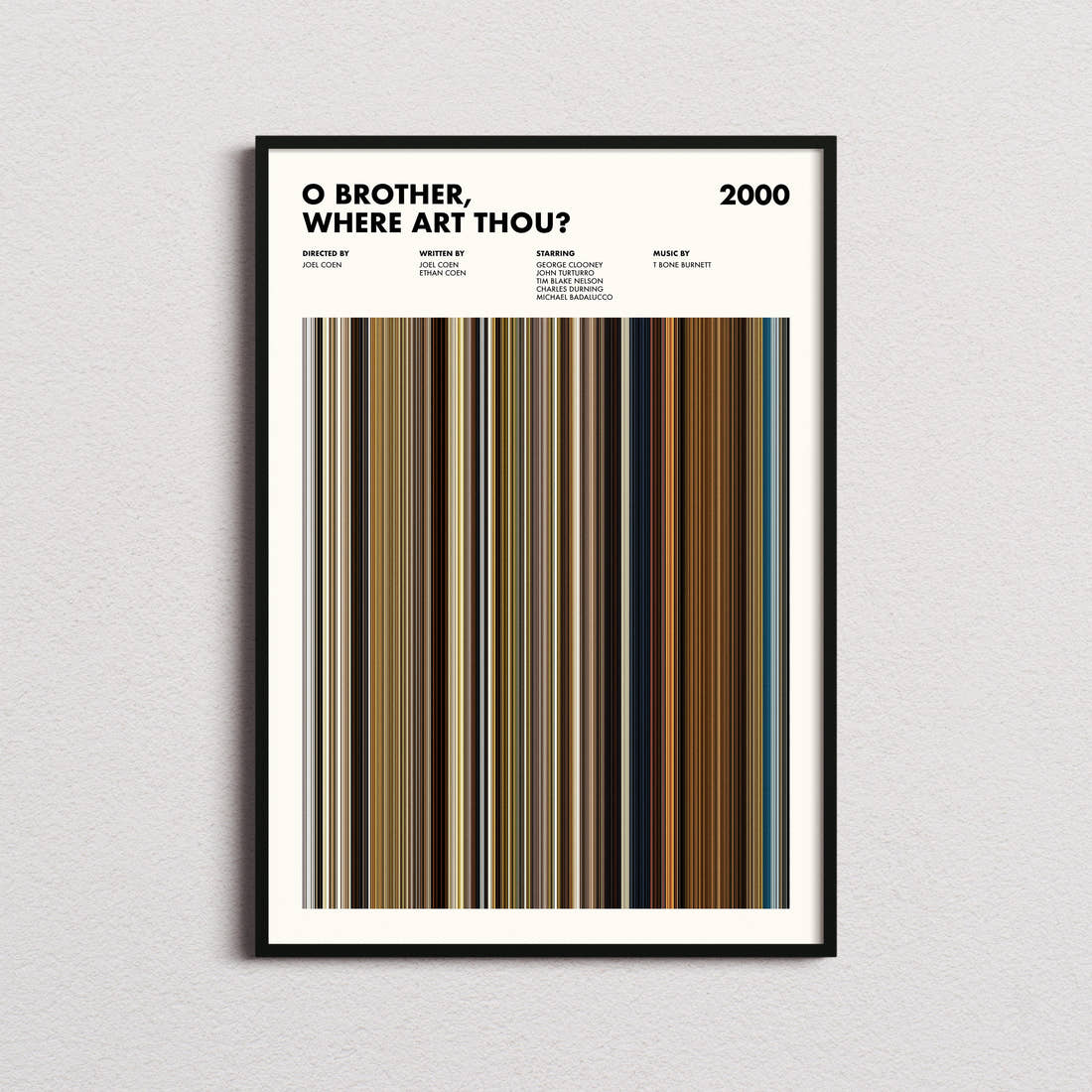 O' Brother Where Art Thou Movie Barcode Poster framed on a plain studio wall