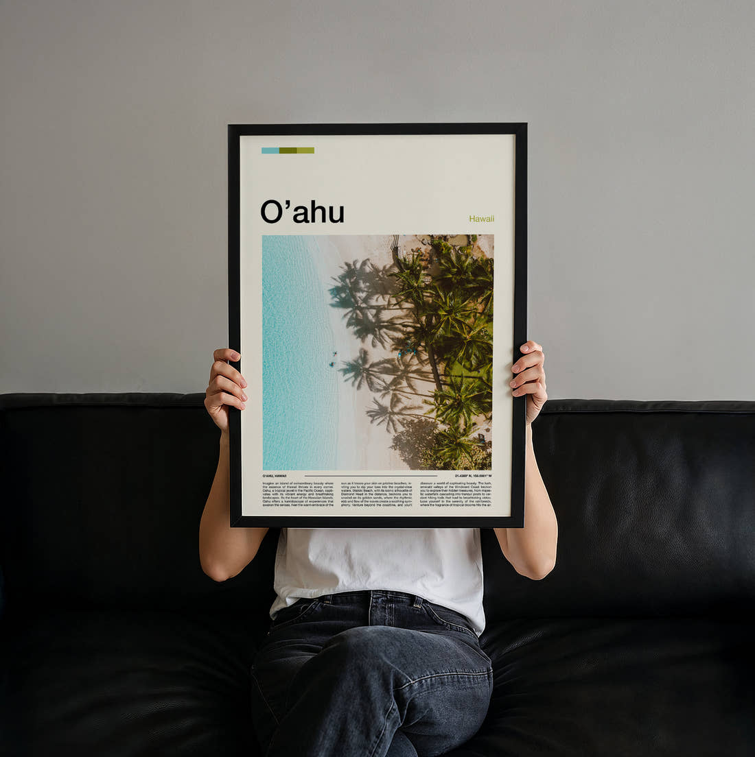 Oahu Palms Above Turquoise Water Travel Print held up by hand to show the size of the print