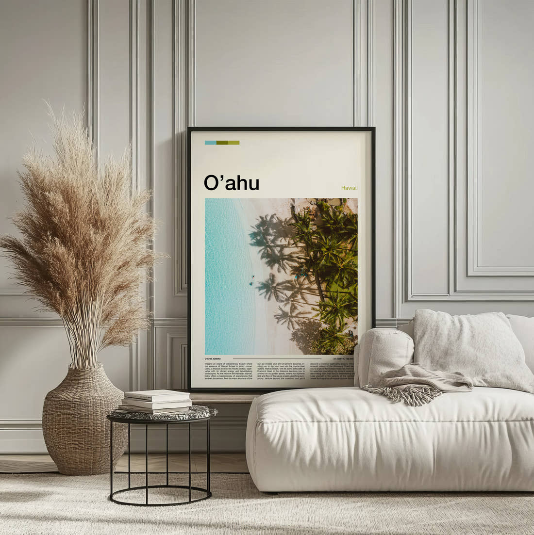 Oahu Palms Above Turquoise Water Travel Print framed on the wall of a calm, neutral bedroom