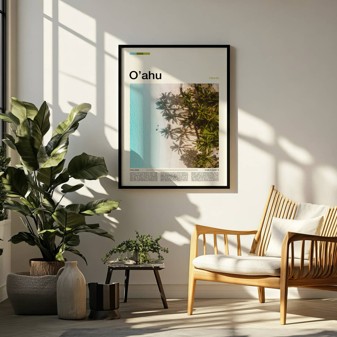 Oahu Palms Above Turquoise Water Travel Print framed on a pale wall beside houseplants