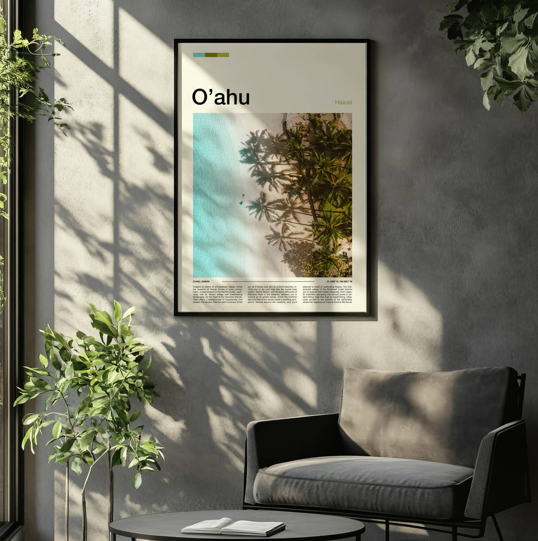 Oahu Palms Above Turquoise Water Travel Print framed on the wall of a relaxed living room