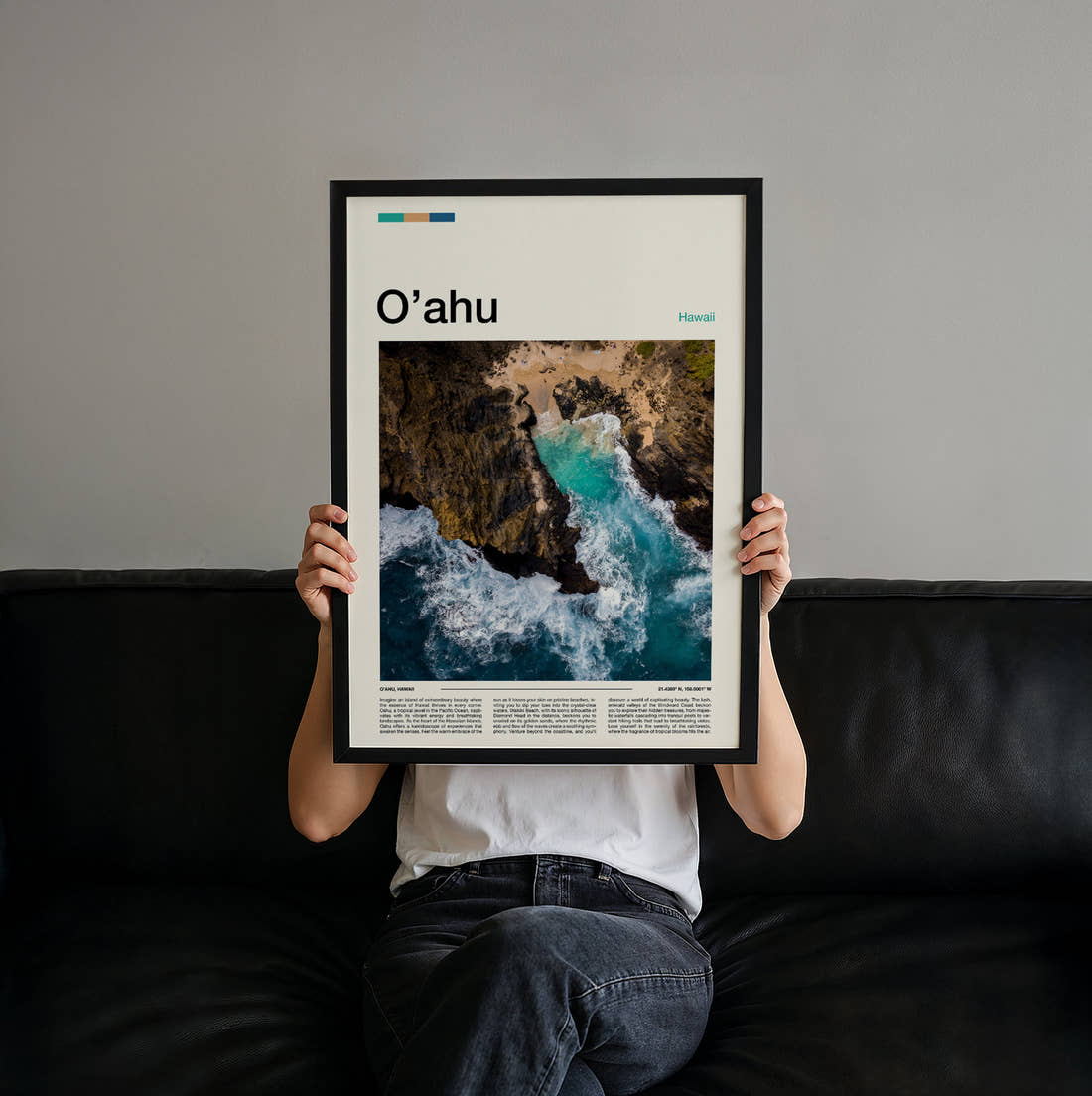Oahu Waves On Rocky Coast Travel Print held up by hand to show the size of the print