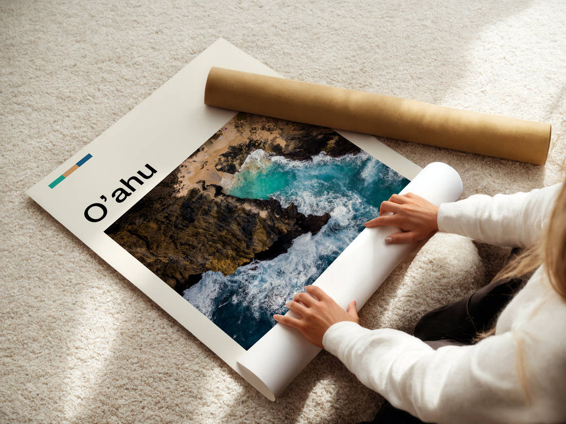 Oahu Waves On Rocky Coast Travel Print being unrolled from its postal tube