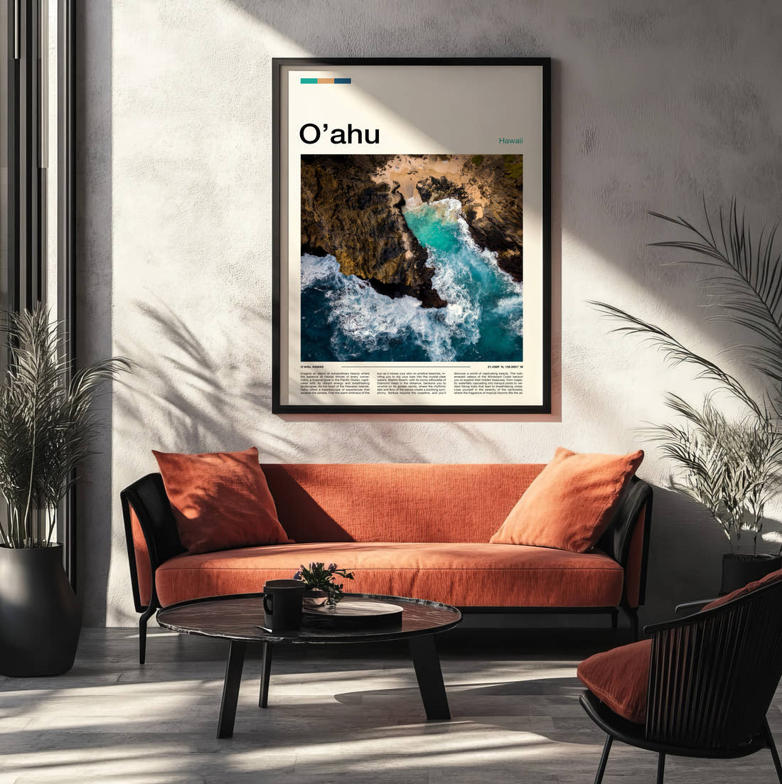 Oahu Waves On Rocky Coast Travel Print framed on the wall of a modern living room