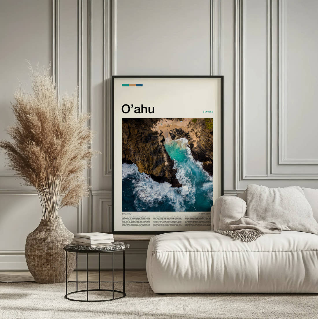 Oahu Waves On Rocky Coast Travel Print framed on the wall of a calm, neutral bedroom
