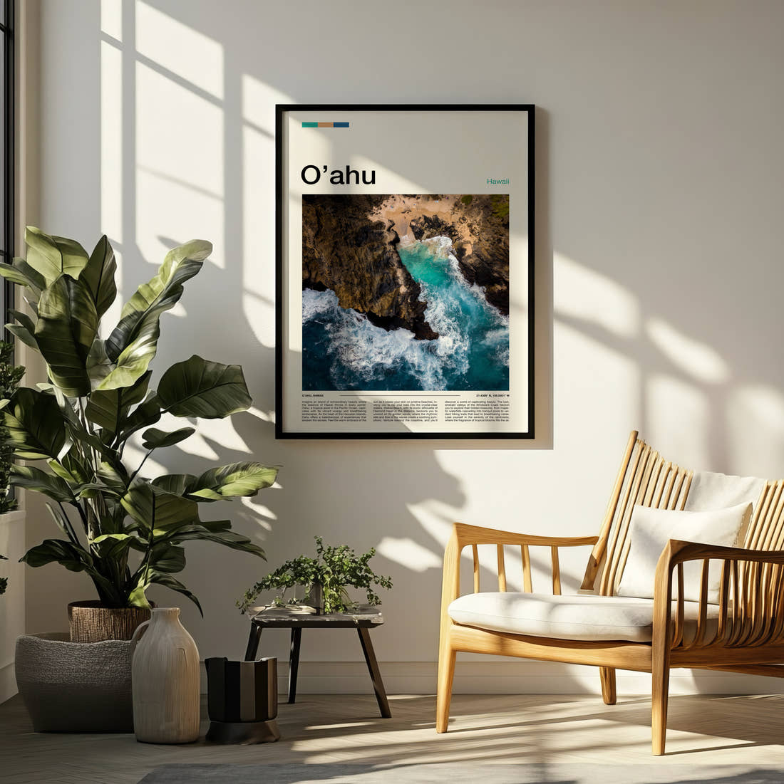 Oahu Waves On Rocky Coast Travel Print framed on a pale wall beside houseplants