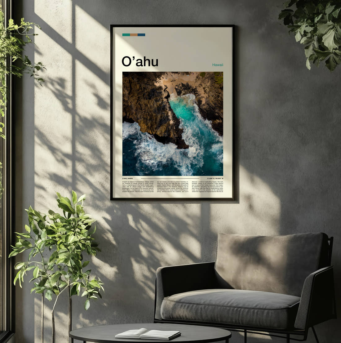 Oahu Waves On Rocky Coast Travel Print framed on the wall of a relaxed living room
