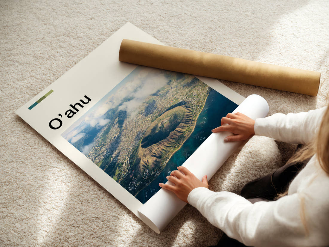 Oahu Diamond Head Crater Travel Print being unrolled from its postal tube