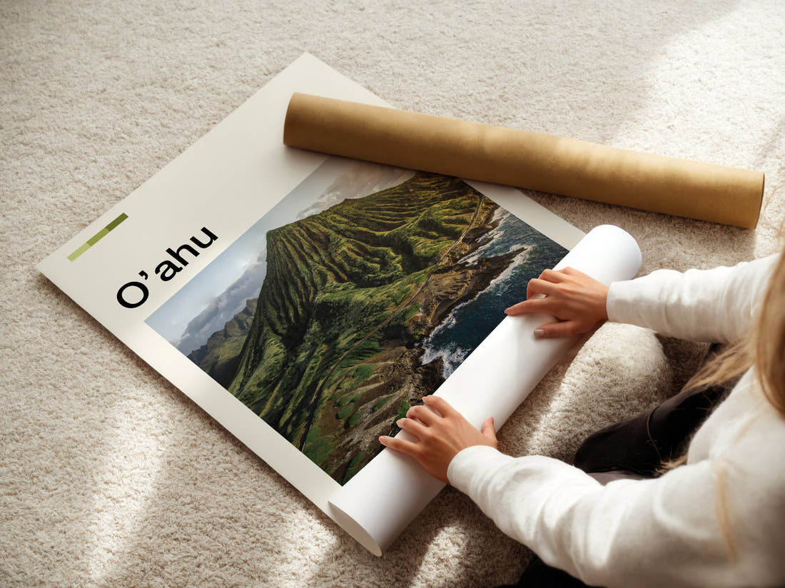 Oahu Green Mountain Ridge Travel Print being unrolled from its postal tube