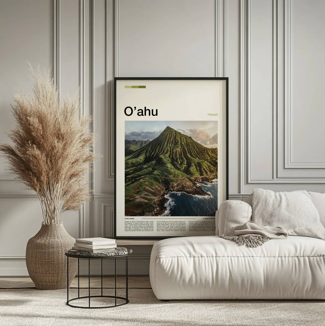 Oahu Green Mountain Ridge Travel Print framed on the wall of a calm, neutral bedroom