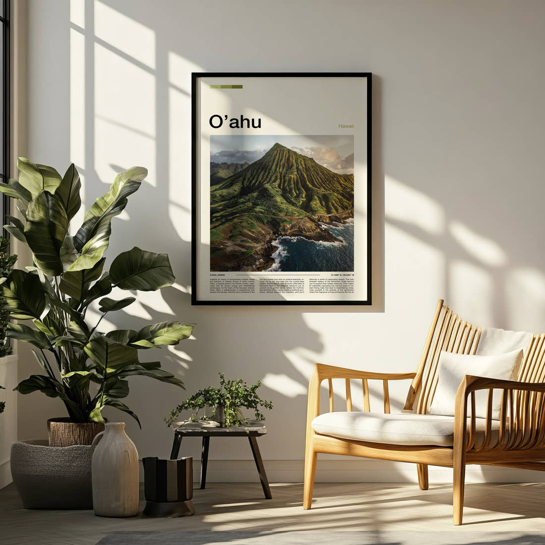 Oahu Green Mountain Ridge Travel Print framed on a pale wall beside houseplants