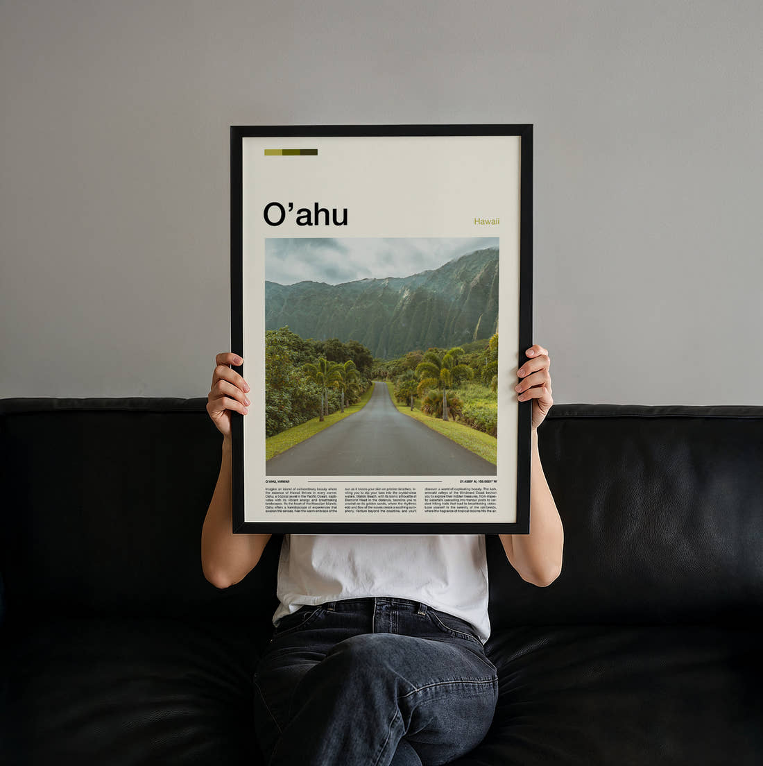 Oahu Road Through Green Valley Travel Print held up by hand to show the size of the print