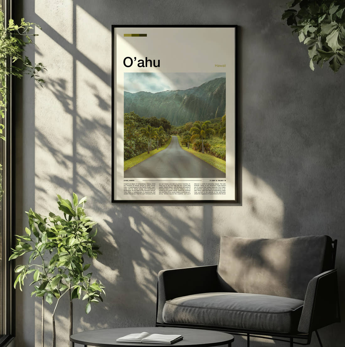 Oahu Road Through Green Valley Travel Print framed on the wall of a relaxed living room