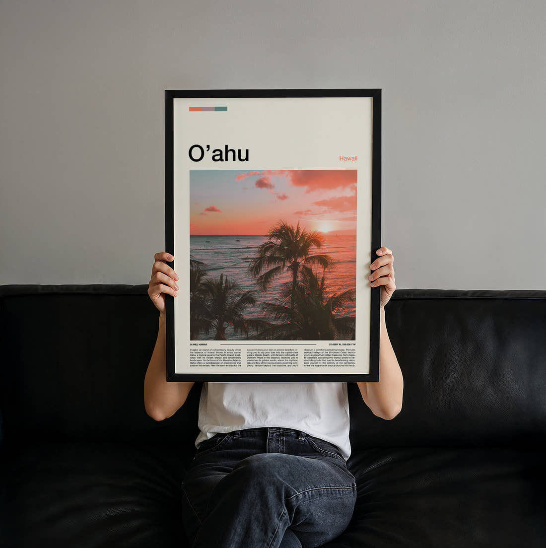 Oahu Palm Trees At Sunset Travel Print held up by hand to show the size of the print