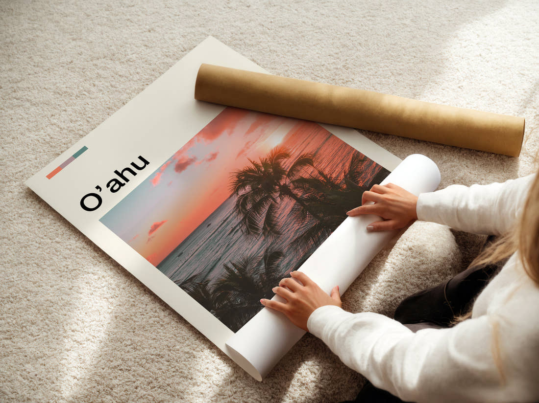 Oahu Palm Trees At Sunset Travel Print being unrolled from its postal tube