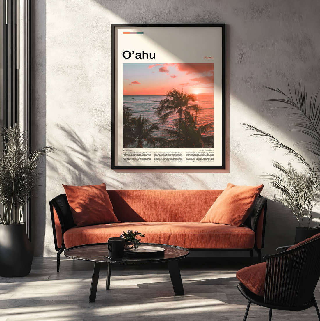 Oahu Palm Trees At Sunset Travel Print framed on the wall of a modern living room
