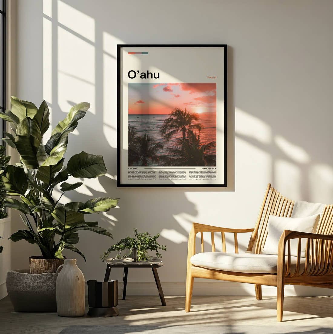 Oahu Palm Trees At Sunset Travel Print framed on a pale wall beside houseplants