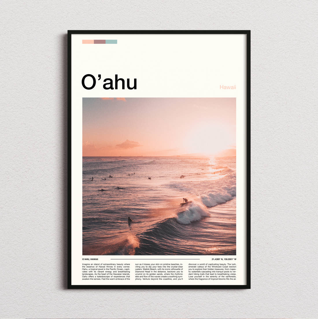 Oahu Surfers At Sunset Travel Print framed and photographed straight on