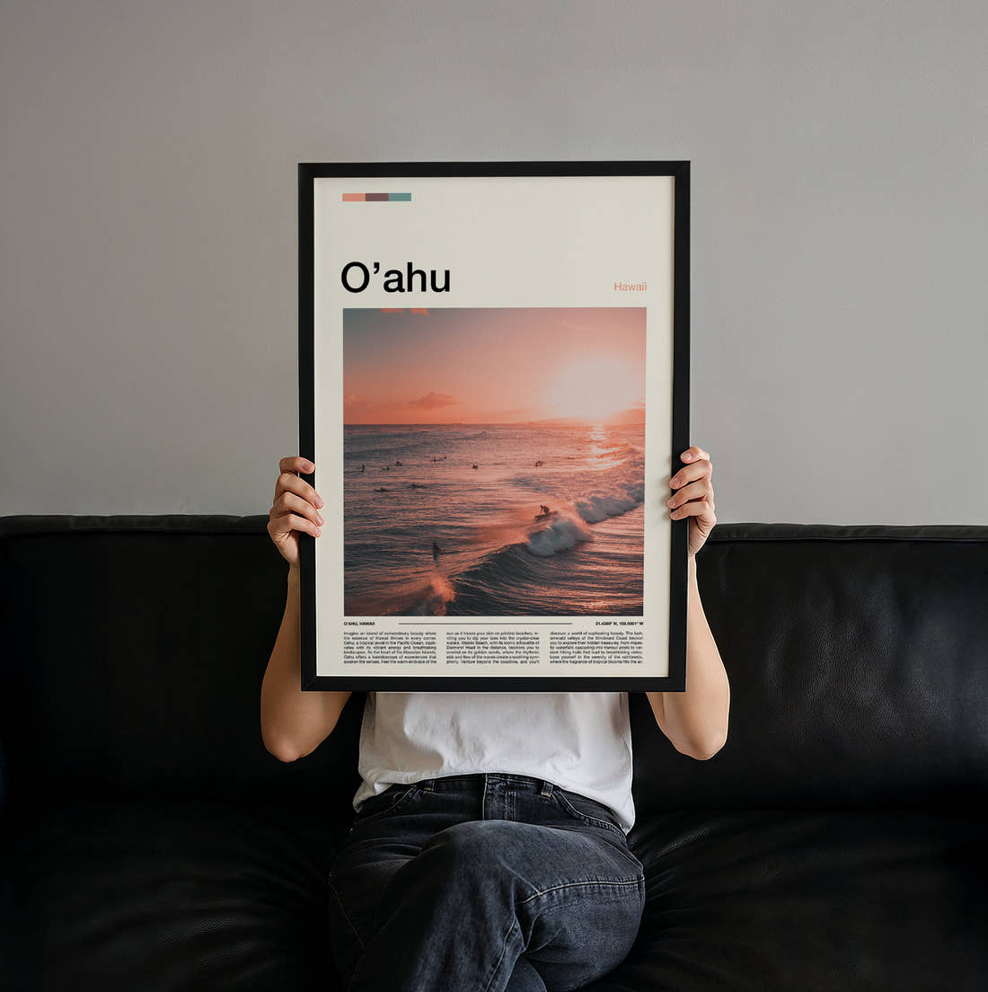 Oahu Surfers At Sunset Travel Print held up by hand to show the size of the print