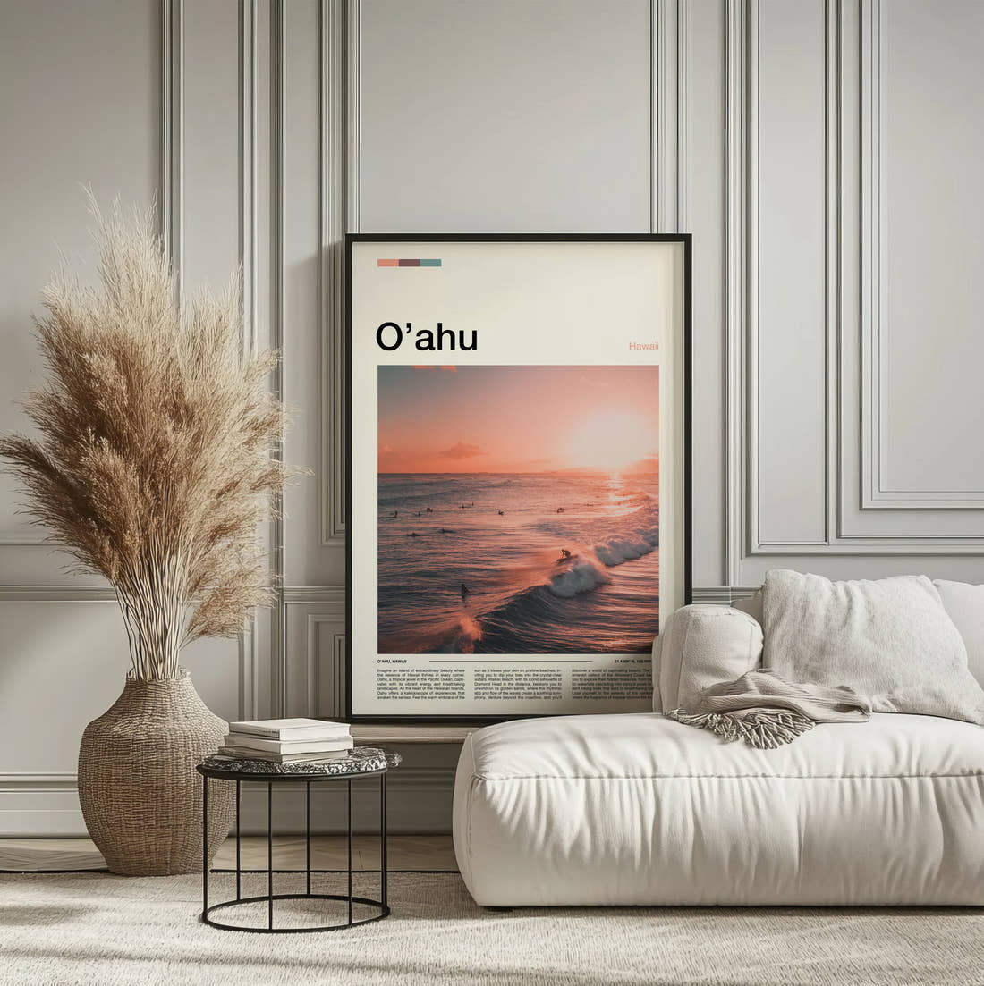Oahu Surfers At Sunset Travel Print framed on the wall of a calm, neutral bedroom