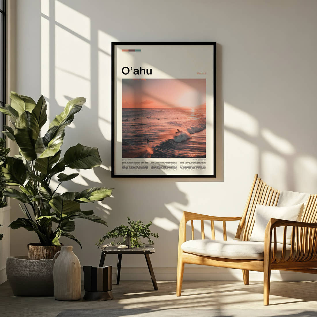 Oahu Surfers At Sunset Travel Print framed on a pale wall beside houseplants