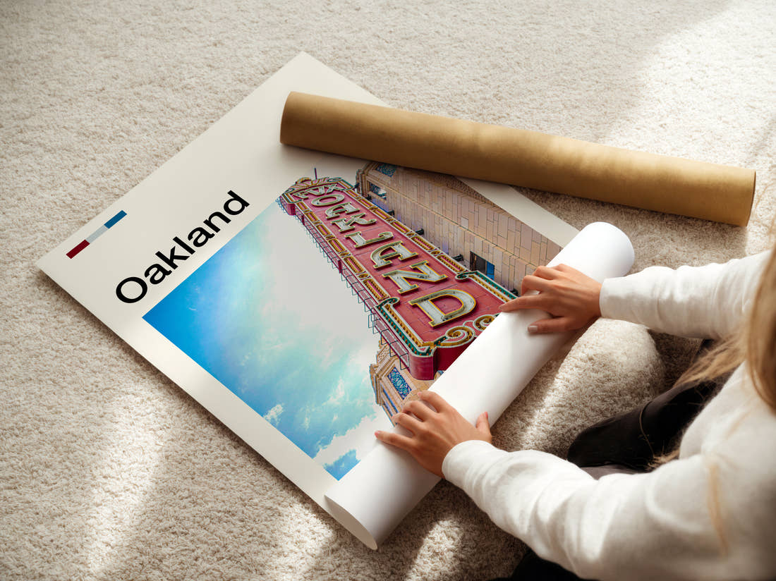 Oakland Fox Theatre Sign Travel Print being unrolled from its postal tube