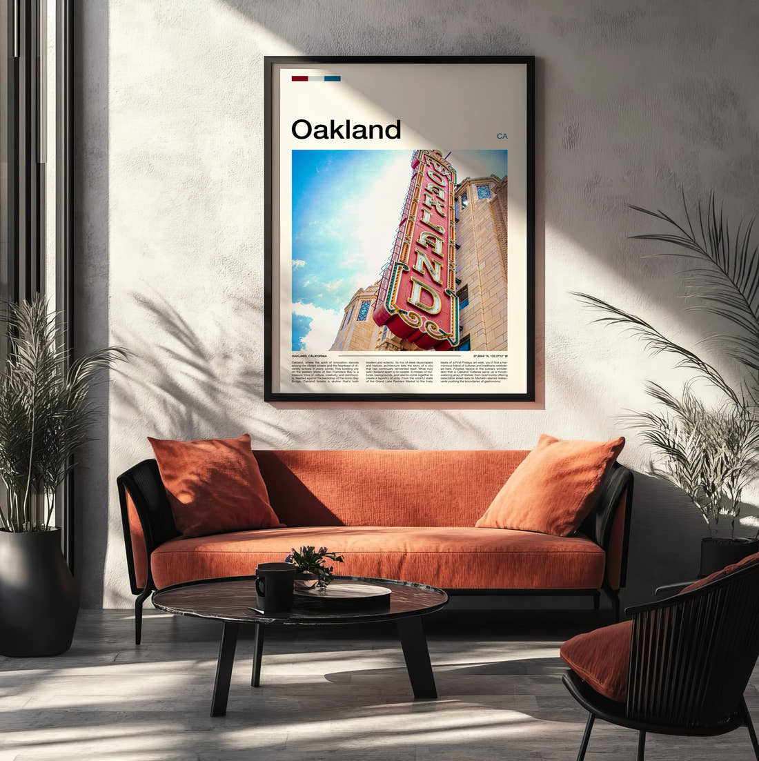 Oakland Fox Theatre Sign Travel Print framed on the wall of a modern living room