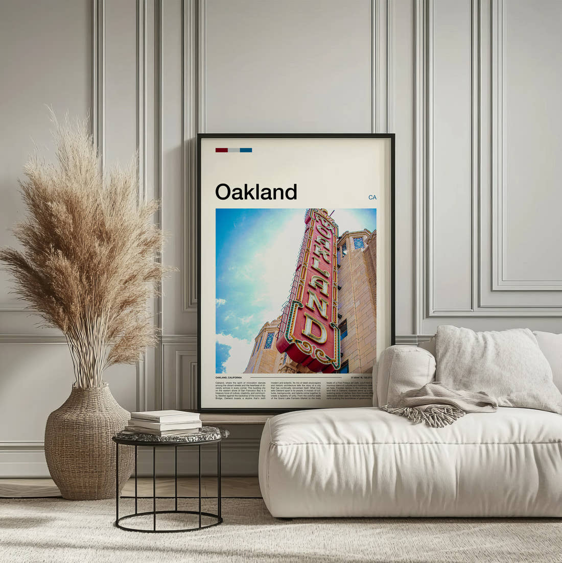 Oakland Fox Theatre Sign Travel Print framed on the wall of a calm, neutral bedroom