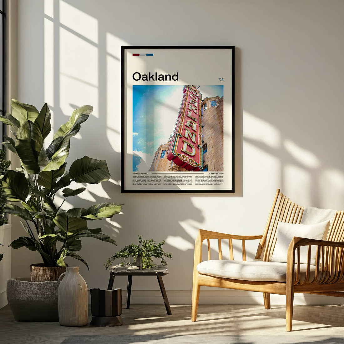 Oakland Fox Theatre Sign Travel Print framed on a pale wall beside houseplants