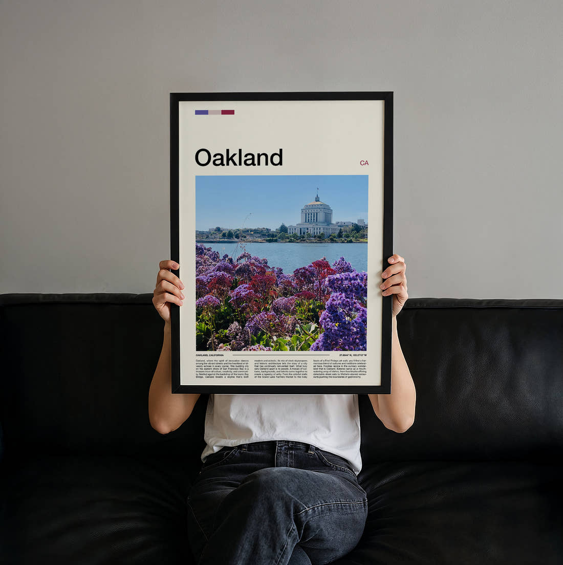 Oakland Purple Flowers By The Lake Travel Print held up by hand to show the size of the print