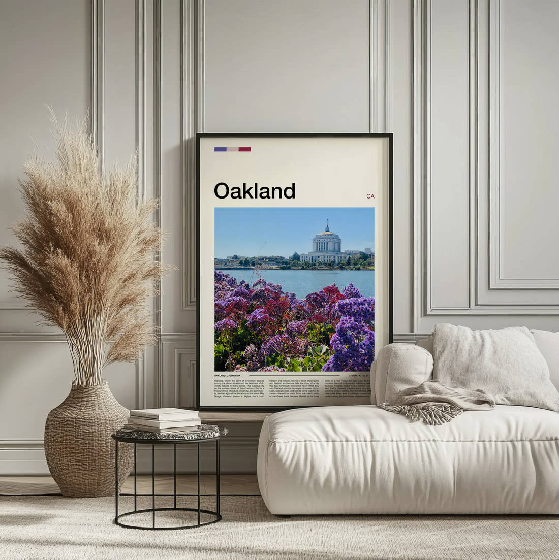 Oakland Purple Flowers By The Lake Travel Print framed on the wall of a calm, neutral bedroom