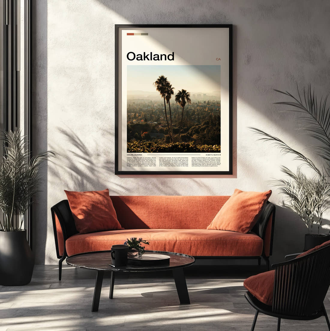 Oakland Palm Trees On A Hillside Travel Print framed on the wall of a modern living room