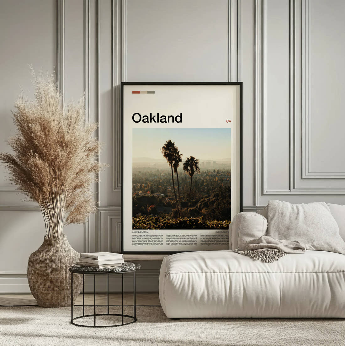 Oakland Palm Trees On A Hillside Travel Print framed on the wall of a calm, neutral bedroom