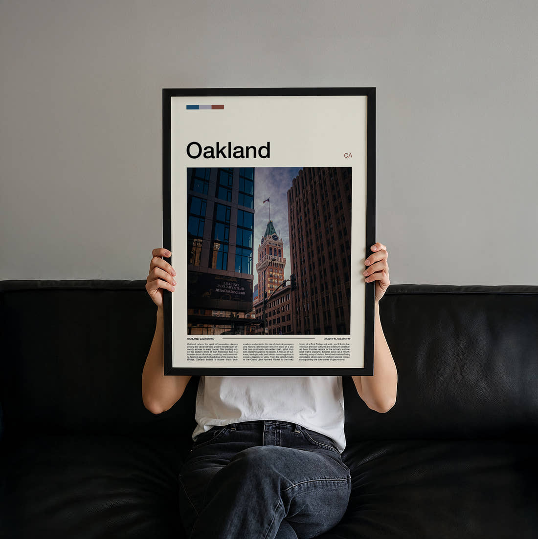 Oakland Tribune Tower Travel Print held up by hand to show the size of the print