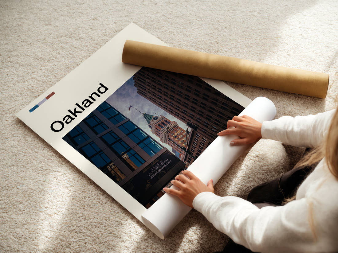 Oakland Tribune Tower Travel Print being unrolled from its postal tube