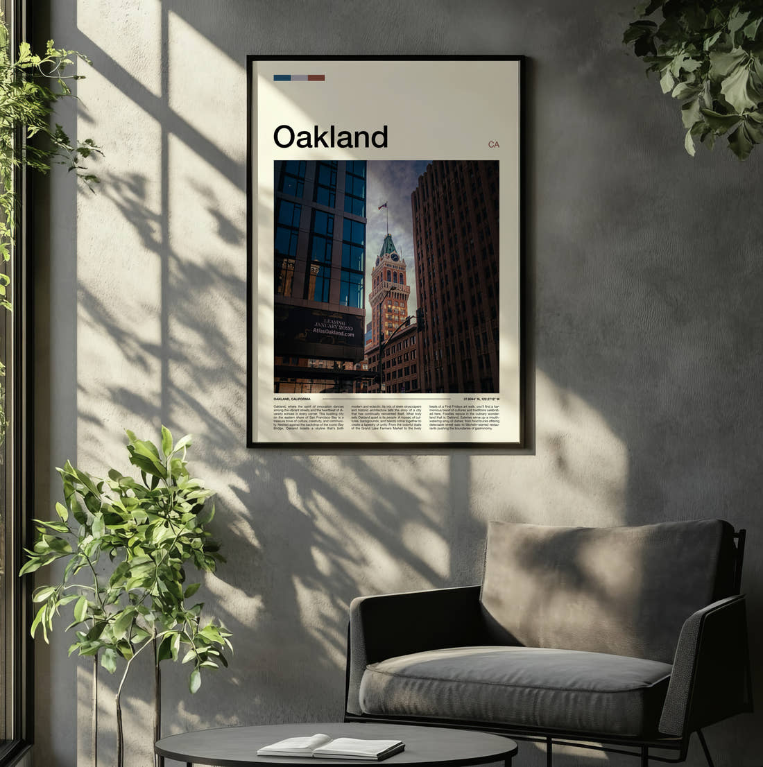 Oakland Tribune Tower Travel Print framed on the wall of a relaxed living room