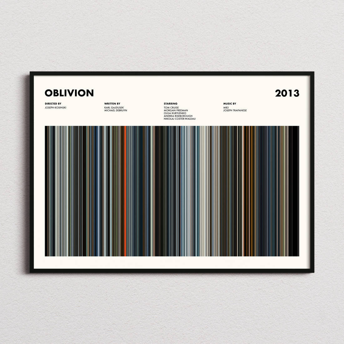 Oblivion Movie Barcode Poster framed and photographed straight on