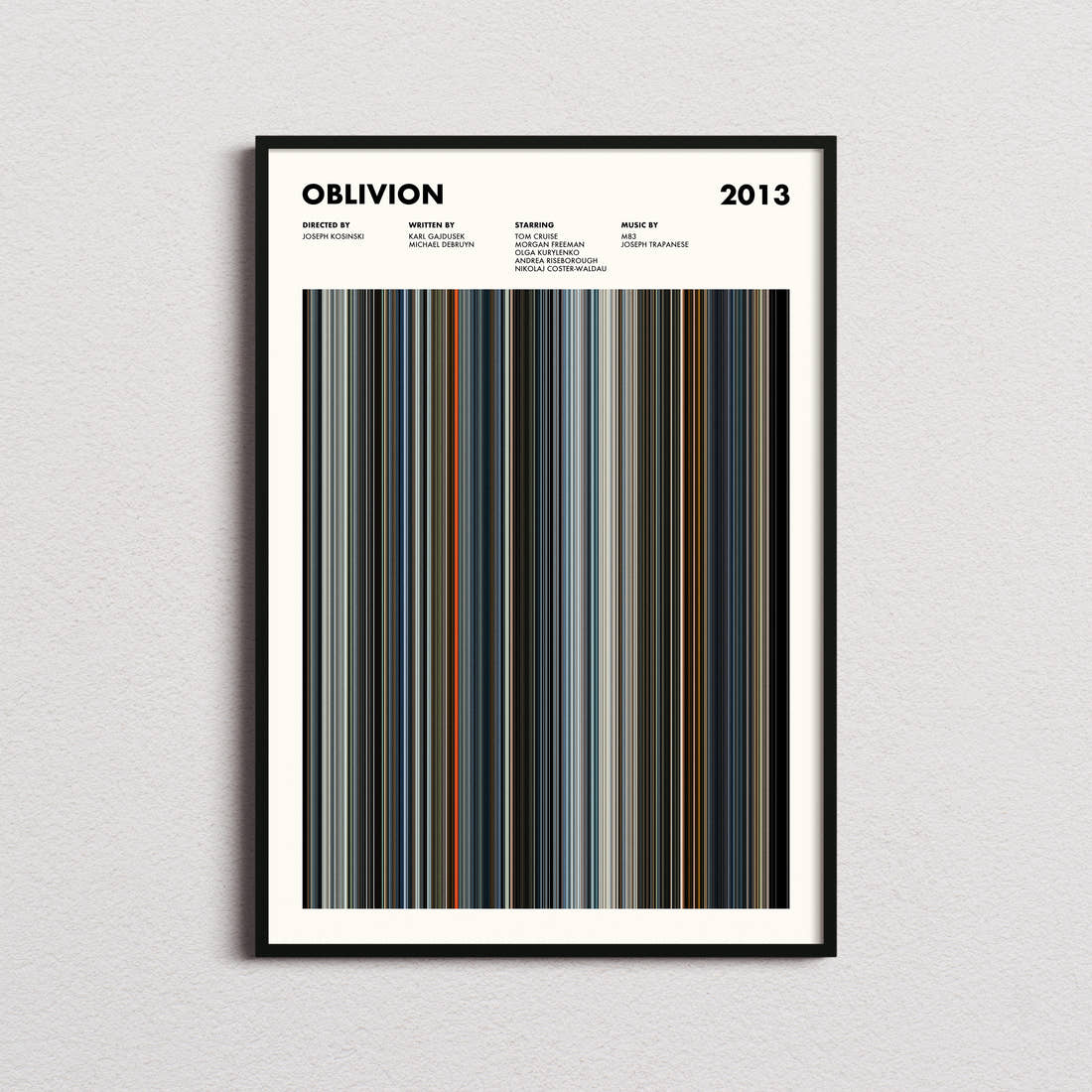 Oblivion Movie Barcode Poster framed on a plain studio wall