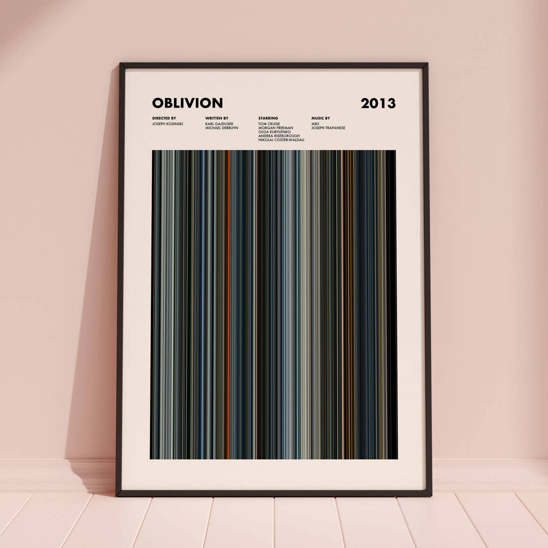 Oblivion Movie Barcode Poster framed and leaning against a coloured wall