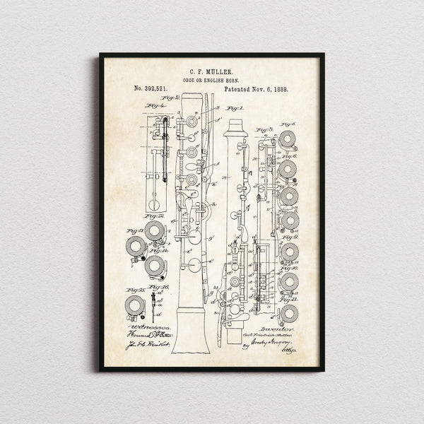 Oboe Patent Print in the aged paper colourway, framed