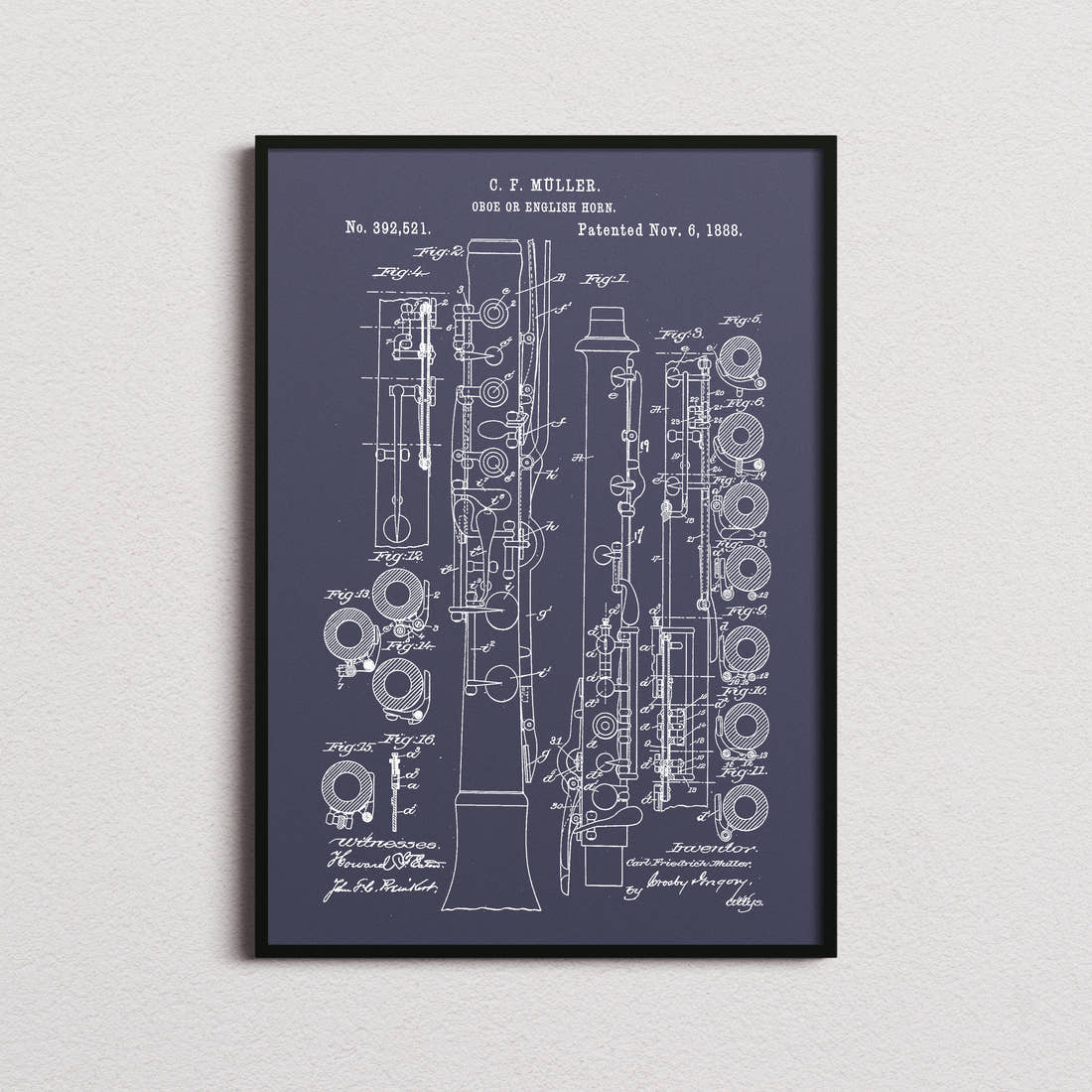 Oboe Patent Print in the navy colourway, framed