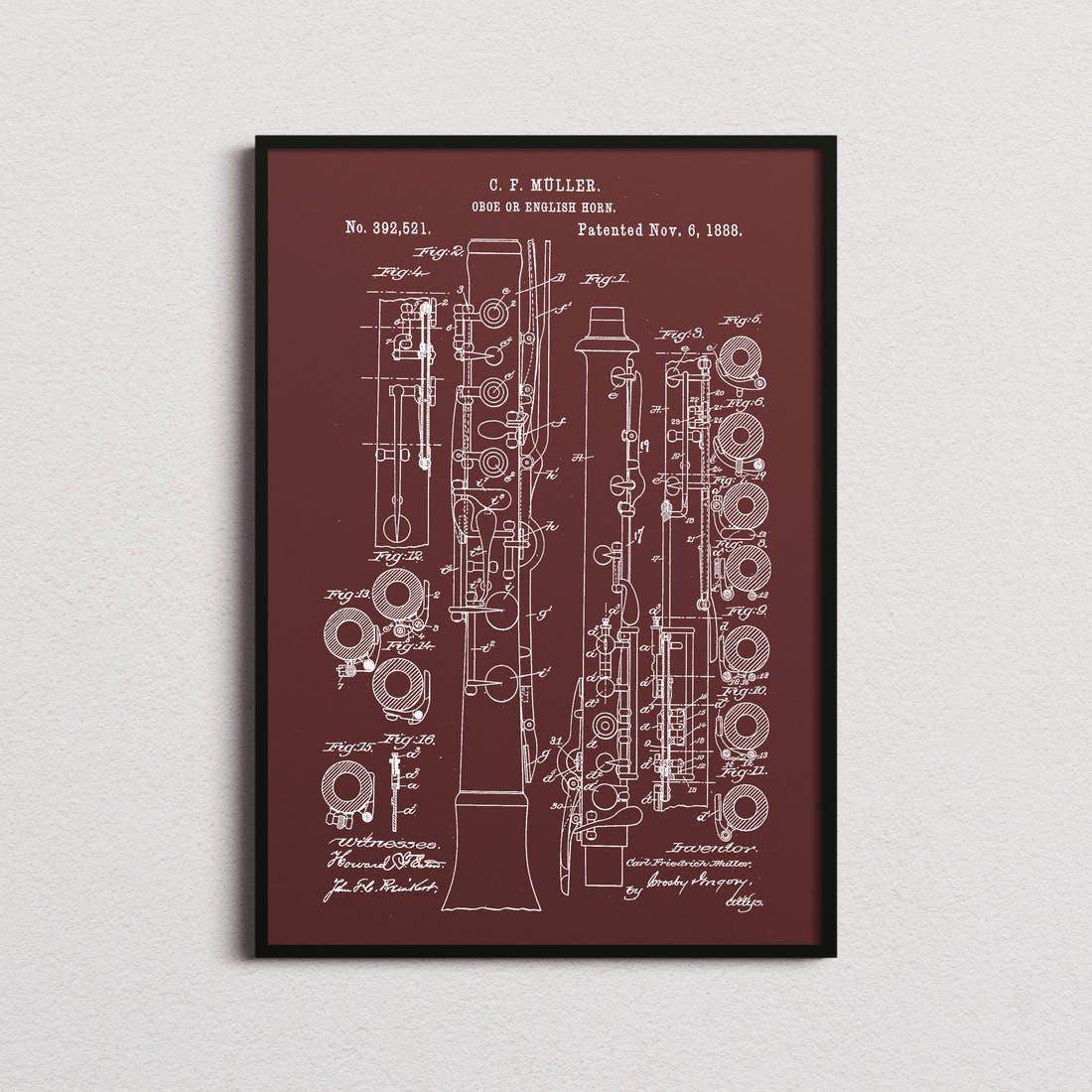 Oboe Patent Print in the burgundy colourway, framed