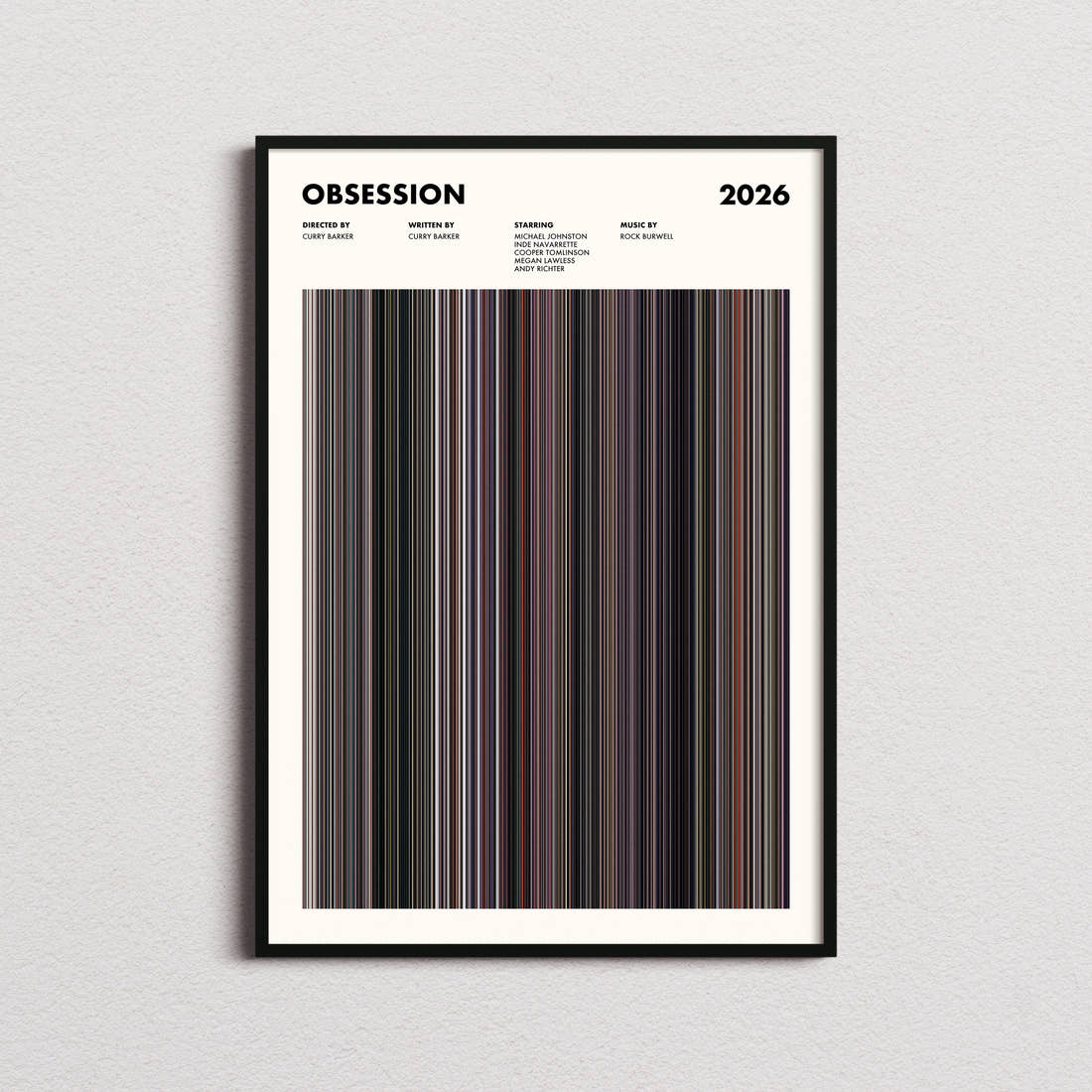 Obsession Movie Barcode Poster framed on a plain studio wall